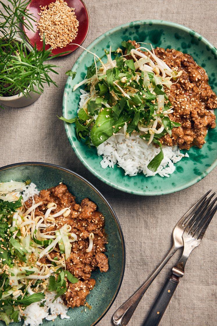 Nötfärs i krämig jordnötssås med sallad på pak choy och böngroddar