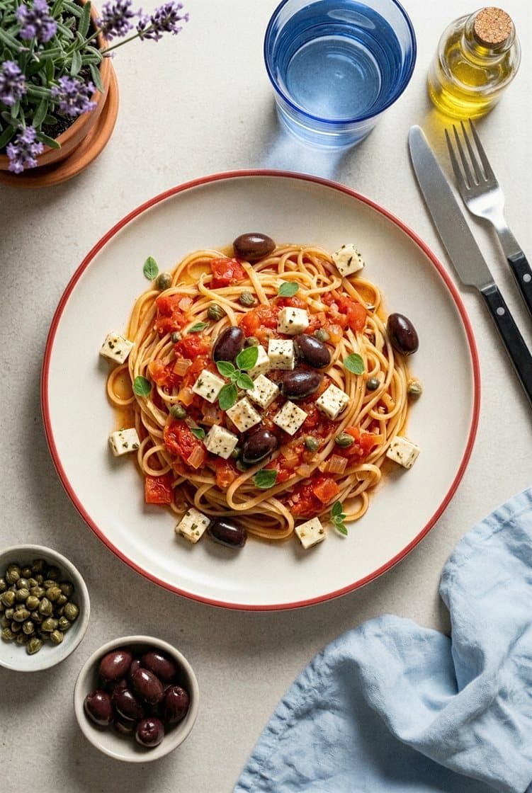 Pasta i tomatsås med marinerad mozzarella, kapris och oliver