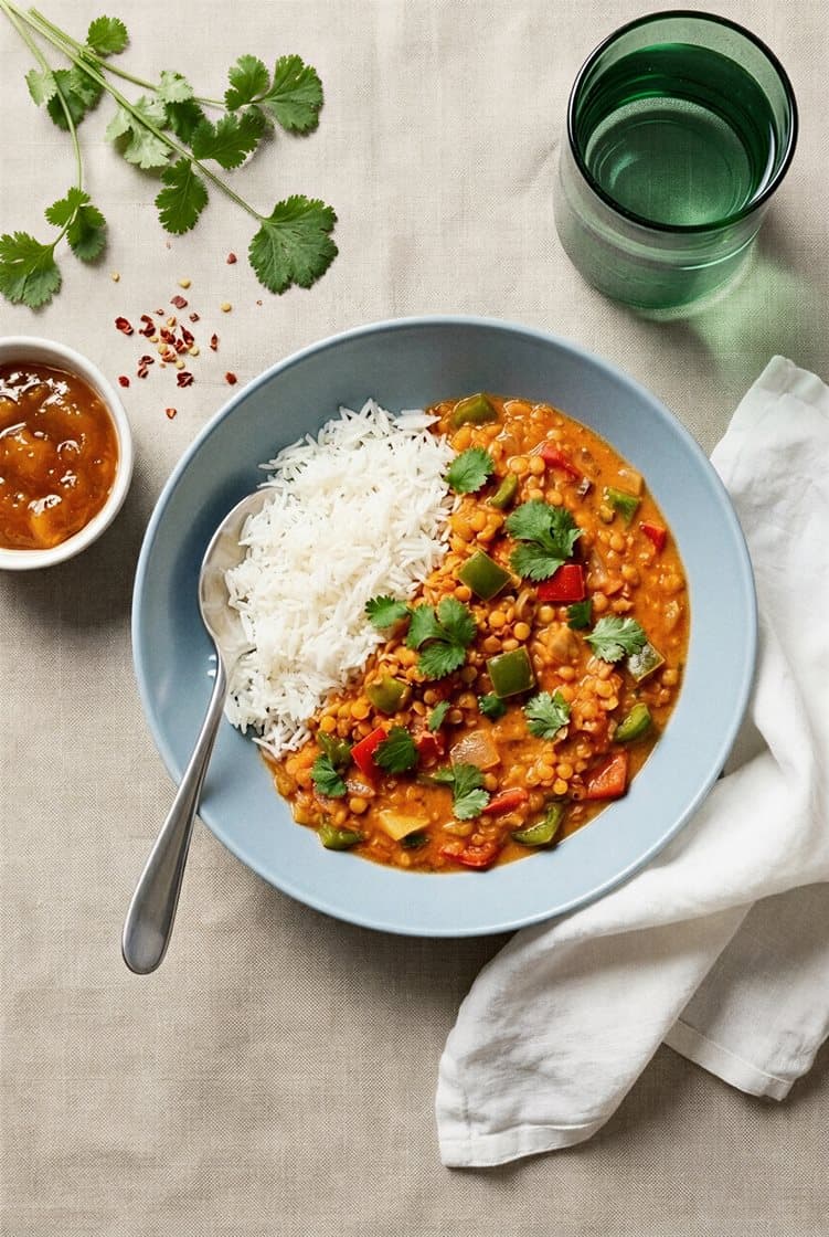Indisk linsgryta med mango chutney och färsk koriander