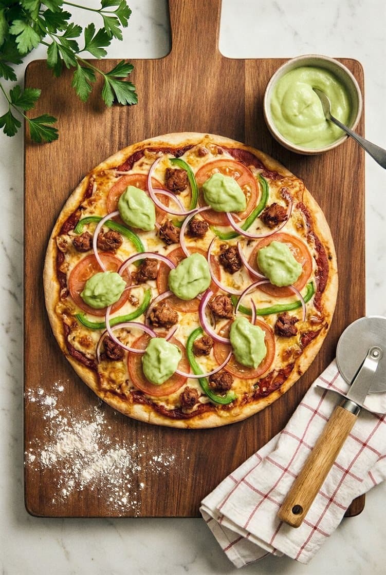 Texmexpizza med chorizo och avokadokräm